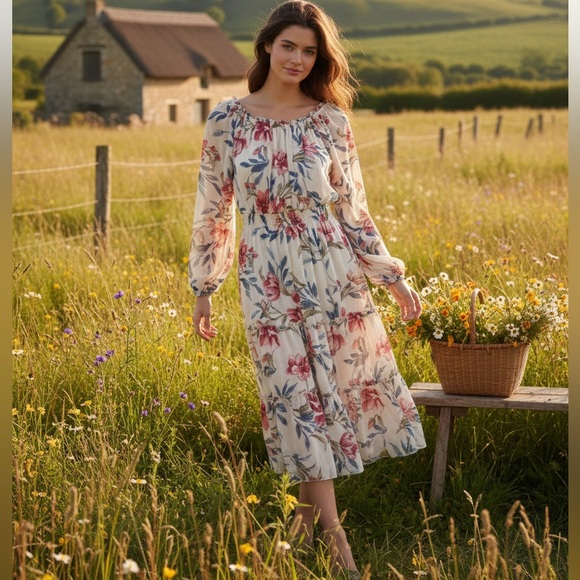 Elegant Floral Long Sleeve Dress - Picture 1 of 5